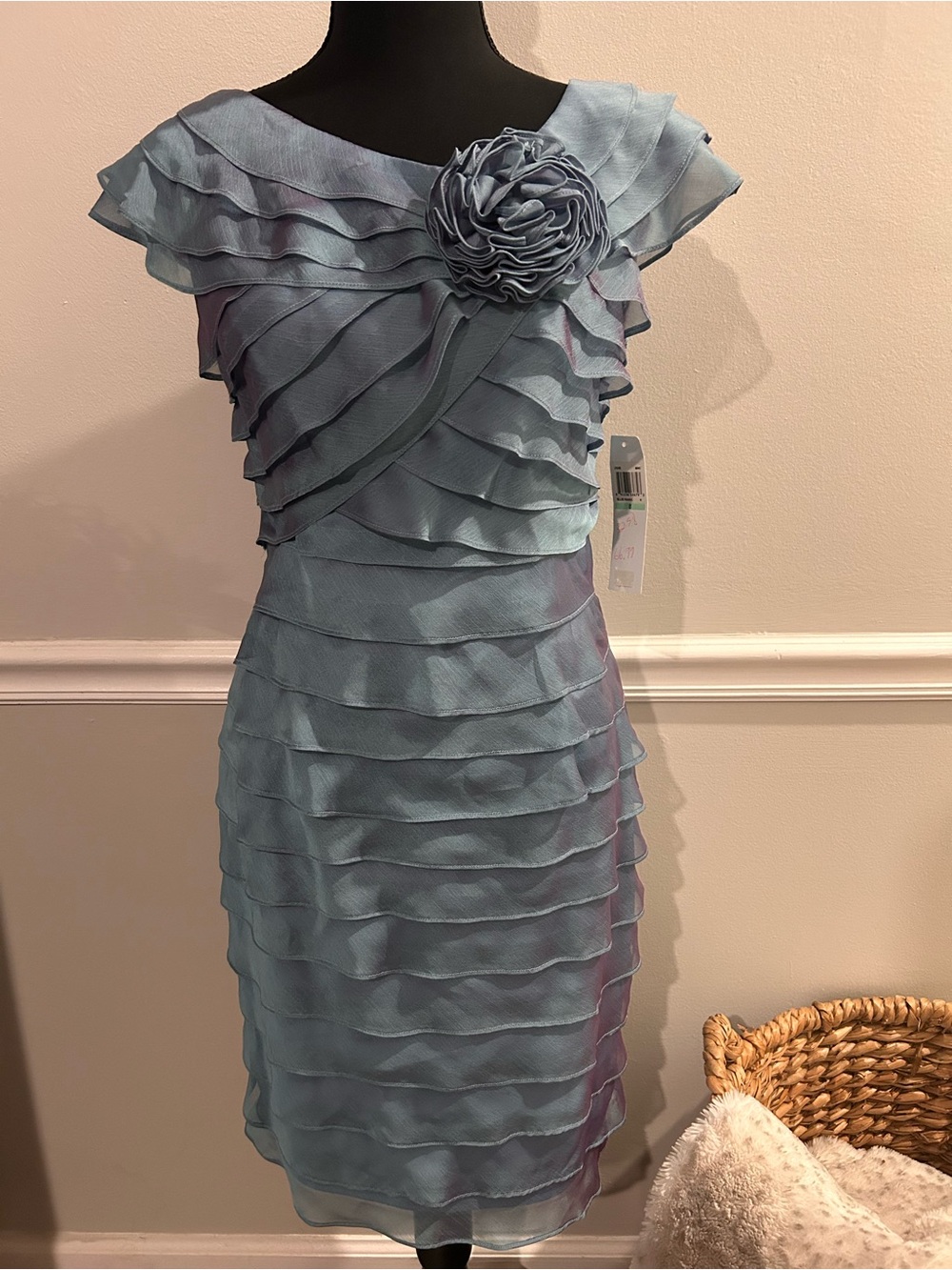 London Times Light Blue Tiered Midi Dress with Rosette Size 8P
